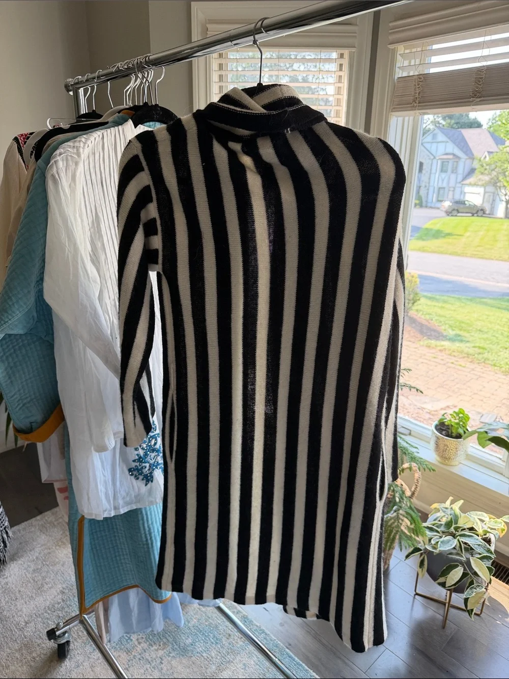Striped Open-Front Long Cardigan Sweater — Black & Cream